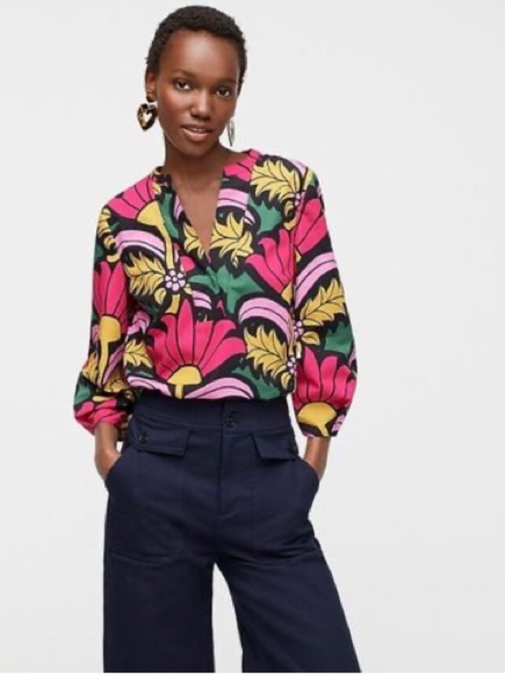 J.Crew Vibrant Floral V-Neck Women's Blouse in Pink & Green EUC